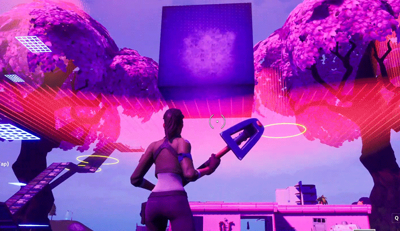 Charakter aus dem Videospiel Fortnite schwebt zu einem Block